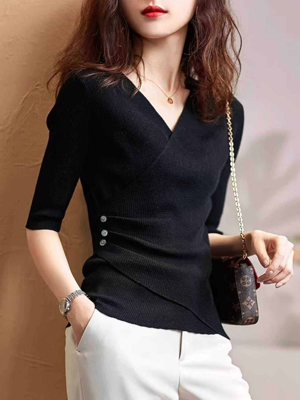 Valenzora | Casual V-neck solid color knit top green