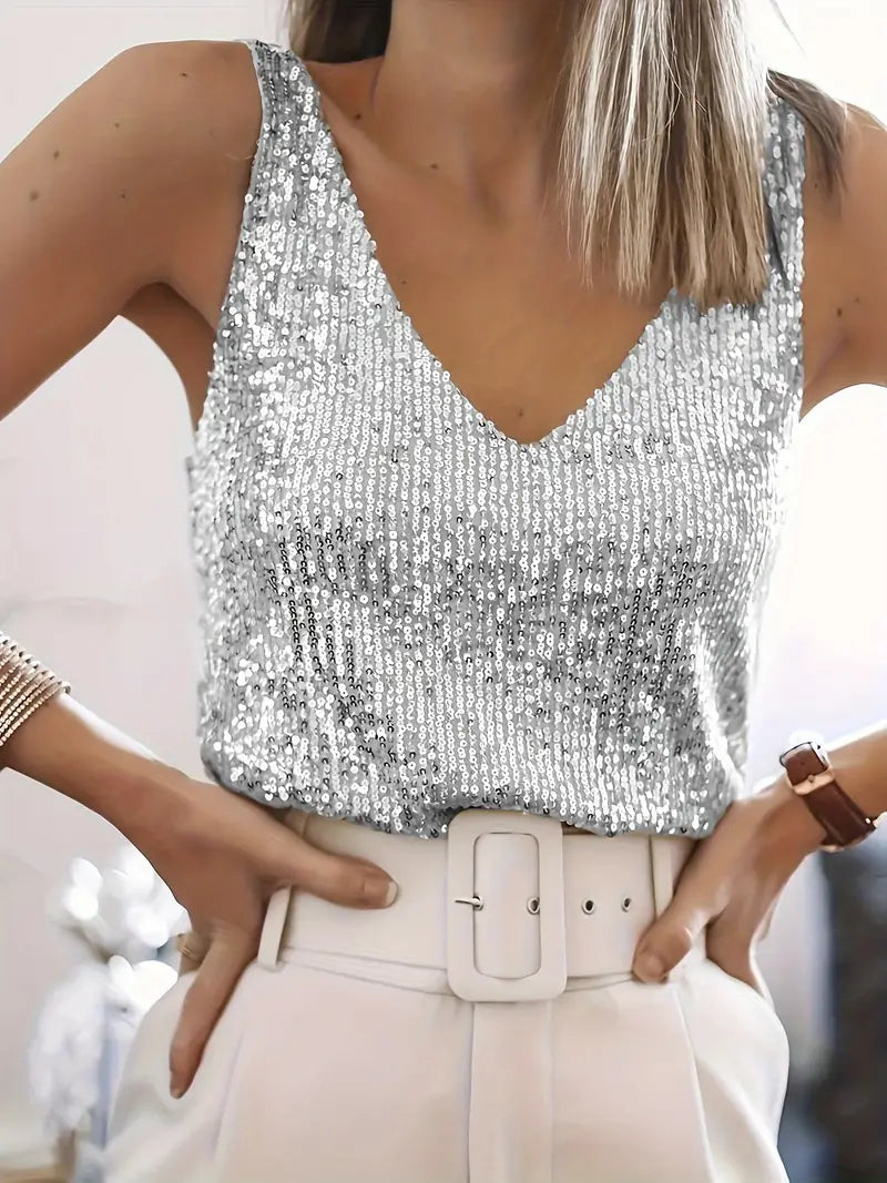 Valenzora | Women's Glitter Sequin V-Neck Sleeveless Shirt Top