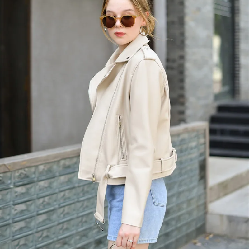 Valenzora | Damen Biker-Lederjacke mit Reißverschlüssen und Gürtel