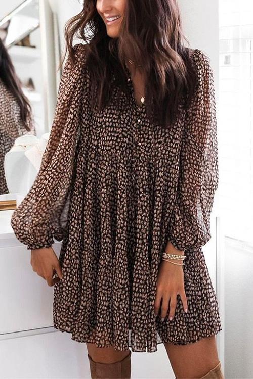 Valenzora | Rosiedress V-Ausschnitt Leopard Swing Minikleid