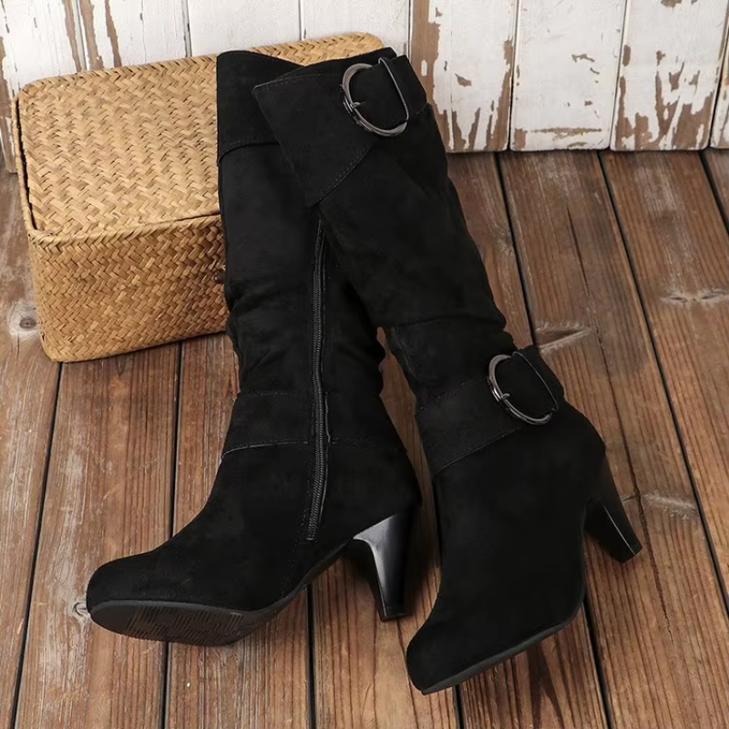 Valenzora | Women's Knee-Length Boots with Zipper and Buckle Stylish High Boots