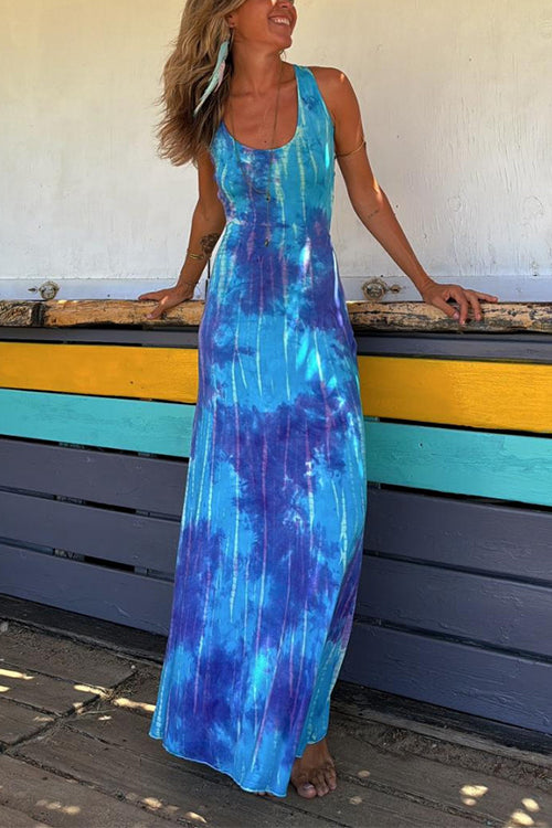 Valenzora | Scoop Neck Backless Criss Cross Tie Dye Maxi Dress