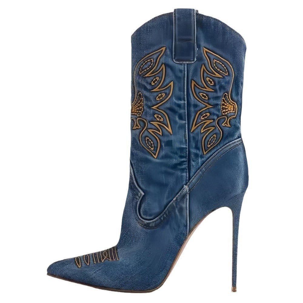 Valenzora | Damen-Fashion Western-Denim-Stil Stiefel mit hohen Absätzen