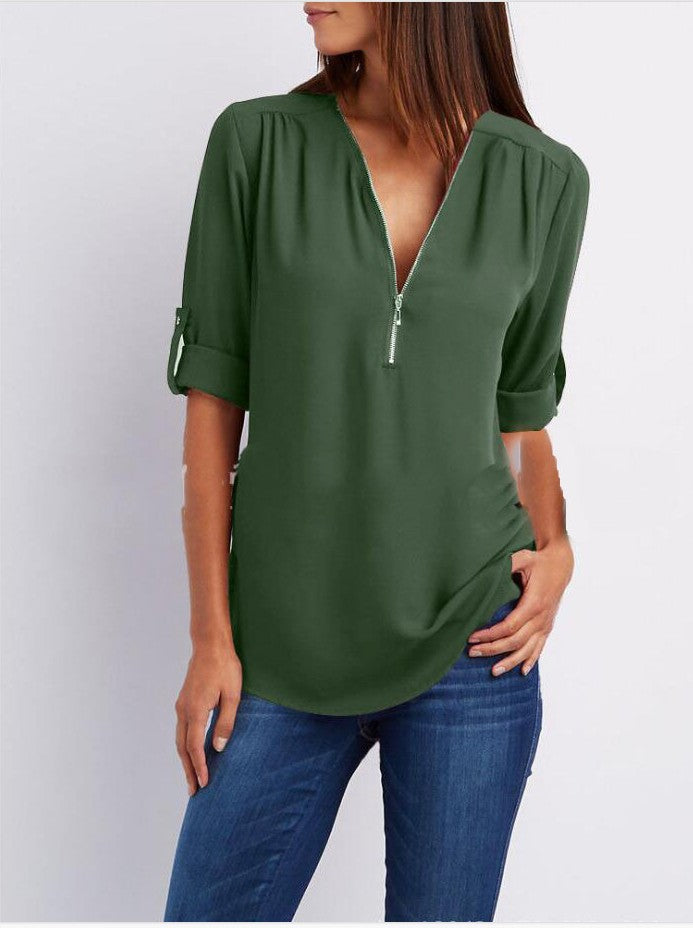 Valenzora Short-sleeved shirt with zipper and V-neck - Loose tops