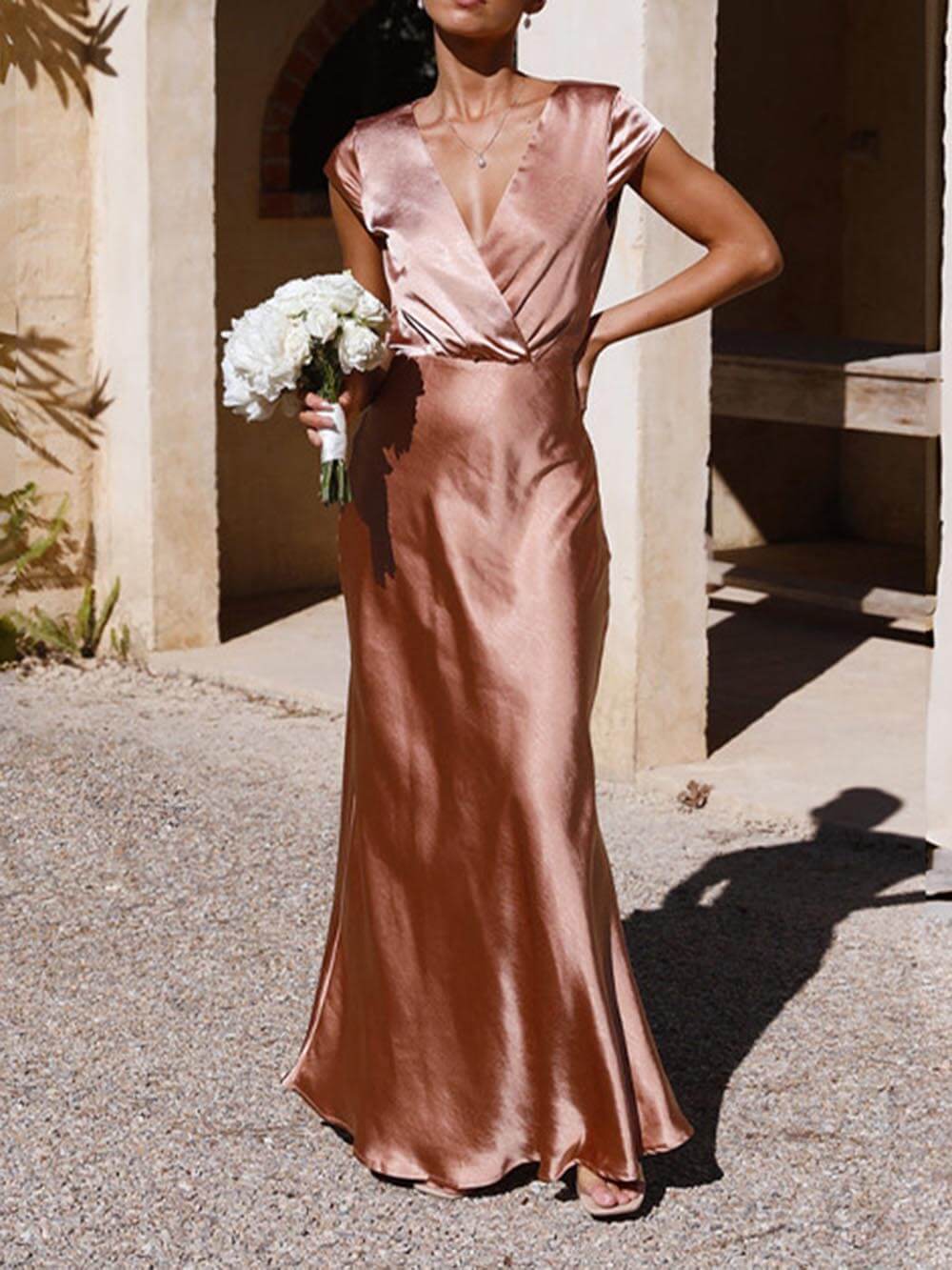 Valenzora | Satin fishtail maxi dress with V-neck for women