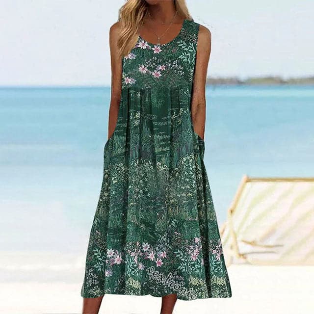 Valenzora | Ärmelloses A-Linien Midi-Sommerkleid mit Blumenmuster und Taschen