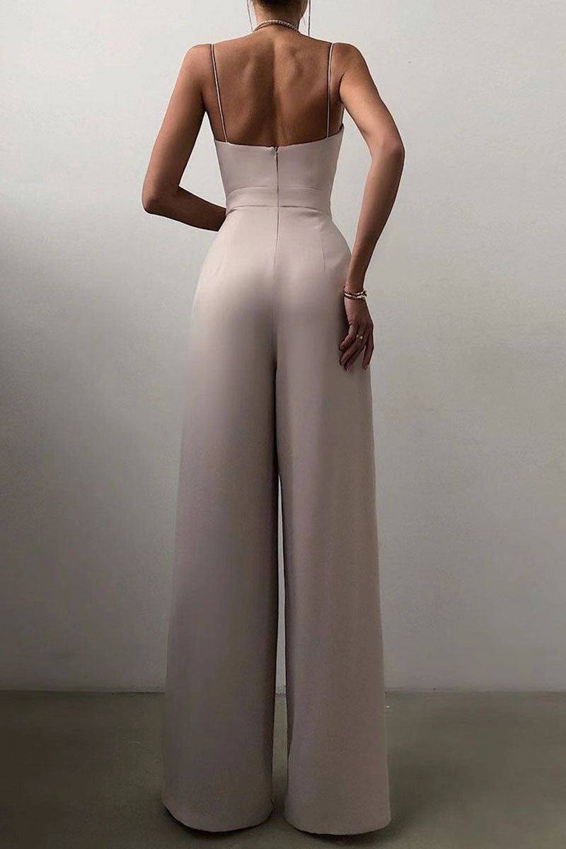 Valenzora | Casual Solid Color Patchwork V-Neck Loose Jumpsuits