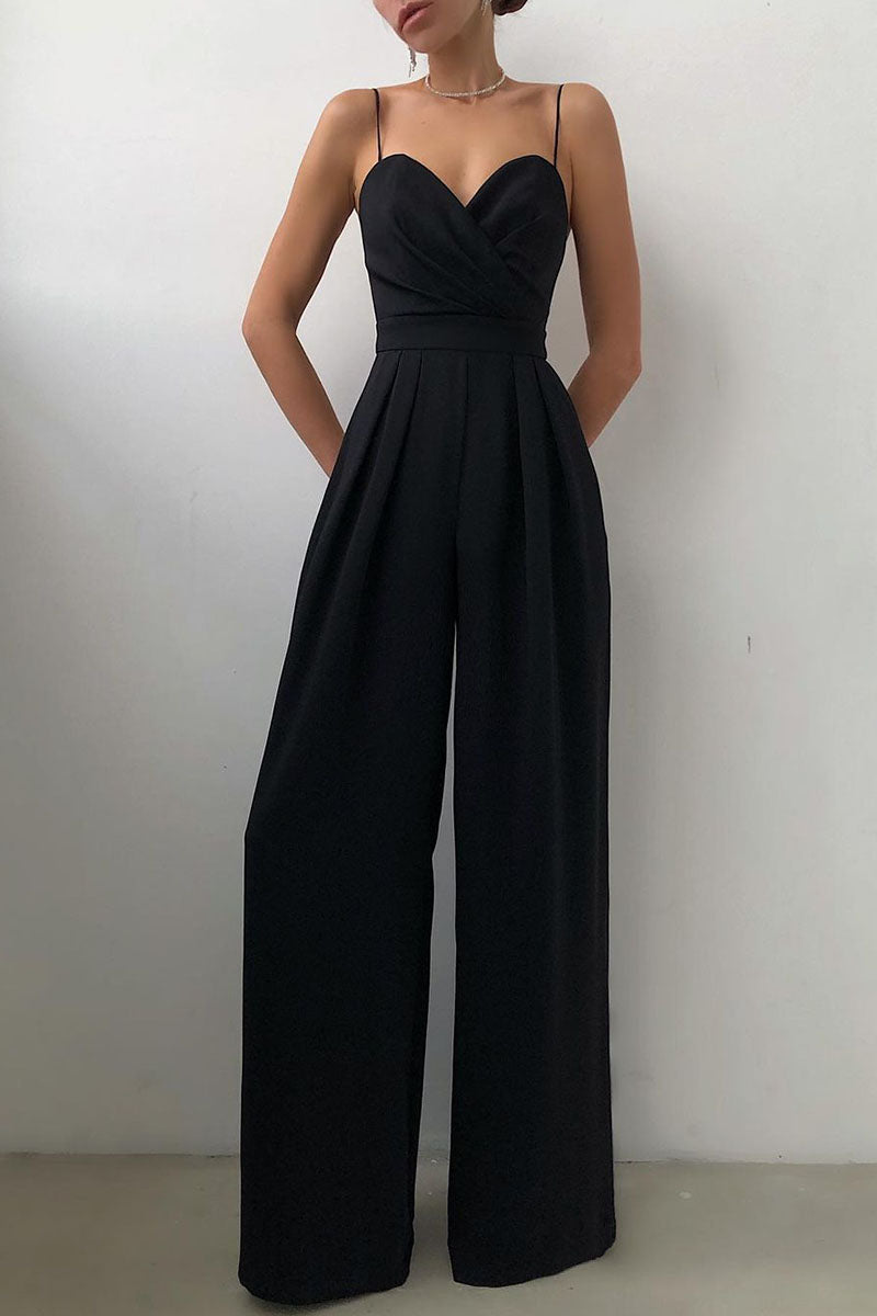 Valenzora | Casual Solid Color Patchwork V-Neck Loose Jumpsuits