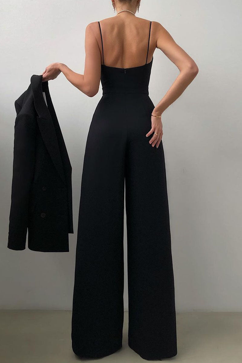 Valenzora | Casual Solid Color Patchwork V-Neck Loose Jumpsuits
