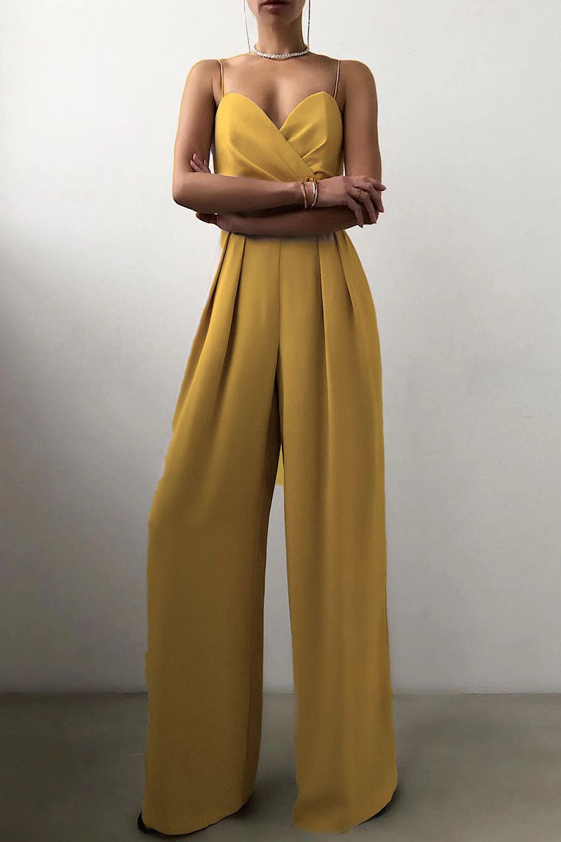 Valenzora | Casual Solid Color Patchwork V-Neck Loose Jumpsuits