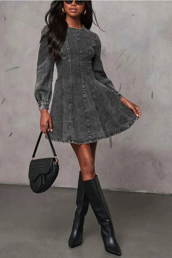 Valenzora | Fade Into You Denim Princess Line Back Zipper Flare Stretch Mini Dress
