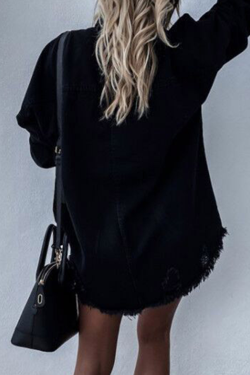 Valenzora | Ripped Old Turned-Up Collar Long Sleeve Denim Jacket