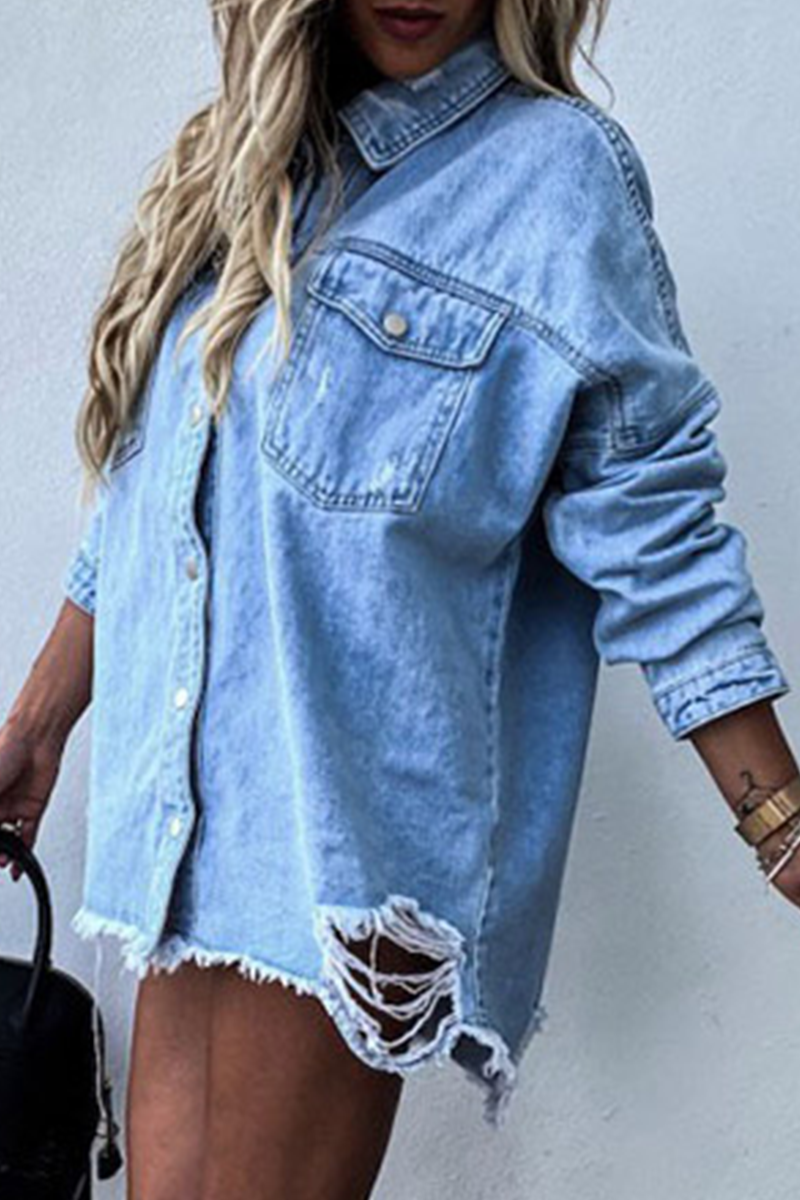 Valenzora | Ripped Old Turned-Up Collar Long Sleeve Denim Jacket