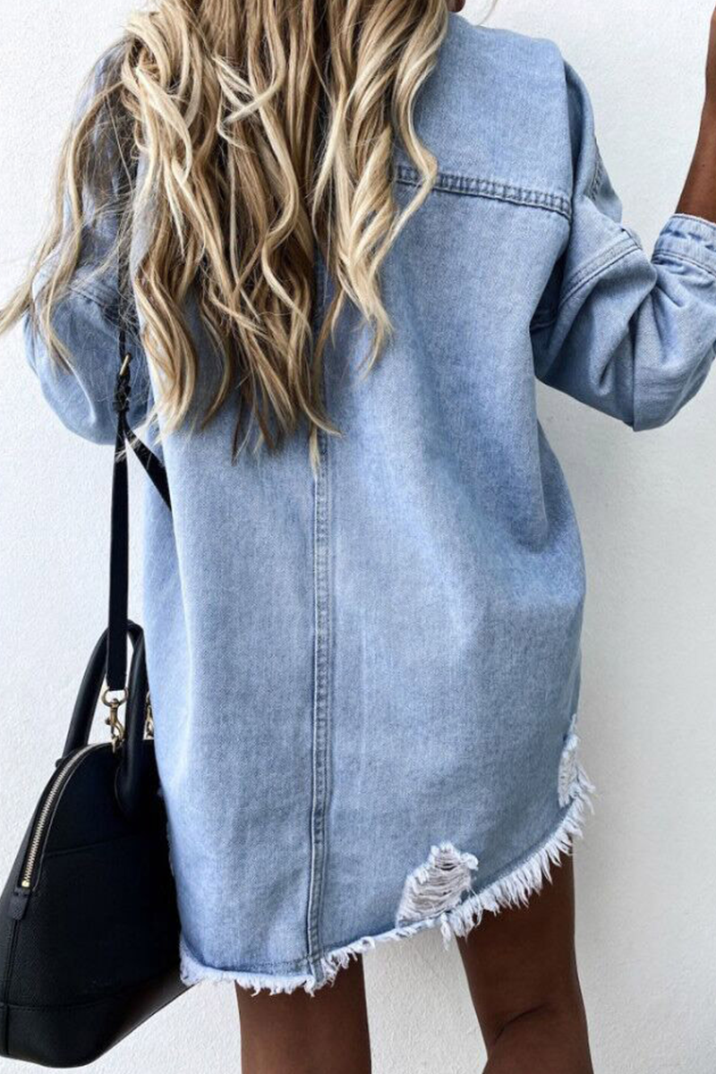 Valenzora | Ripped Old Turned-Up Collar Long Sleeve Denim Jacket