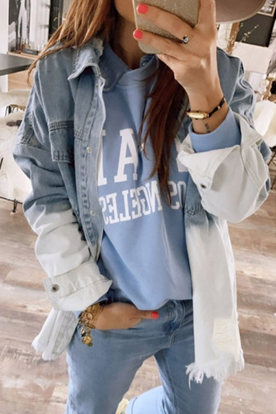 Valenzora | Ripped Old Turned-Up Collar Long Sleeve Denim Jacket