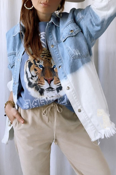 Valenzora | Ripped Old Turned-Up Collar Long Sleeve Denim Jacket