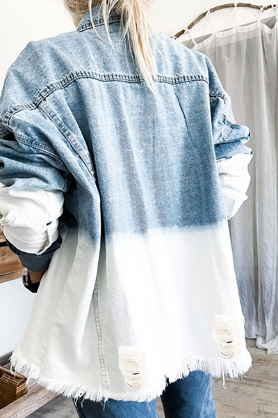 Valenzora | Ripped Old Turned-Up Collar Long Sleeve Denim Jacket