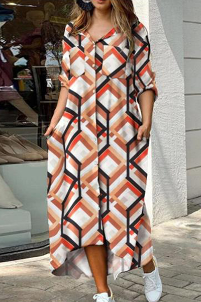 Valenzora | Casual Print Camouflage Print Sequin Buckle Turn-Up Collar Shirt Dress Dresses