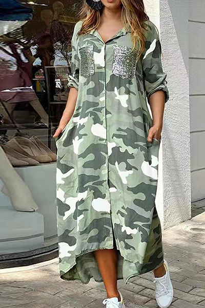 Valenzora | Casual Print Camouflage Print Sequin Buckle Turn-Up Collar Shirt Dress Dresses
