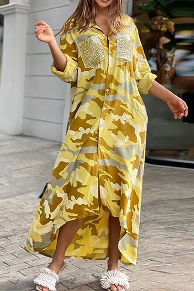 Valenzora | Casual Print Camouflage Print Sequin Buckle Turn-Up Collar Shirt Dress Dresses