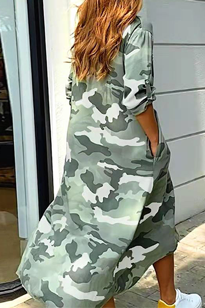 Valenzora | Casual Print Camouflage Print Sequin Buckle Turn-Up Collar Shirt Dress Dresses