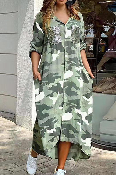 Valenzora | Casual Print Camouflage Print Sequin Buckle Turn-Up Collar Shirt Dress Dresses