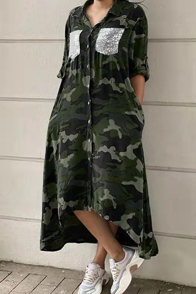 Valenzora | Casual Print Camouflage Print Sequin Buckle Turn-Up Collar Shirt Dress Dresses