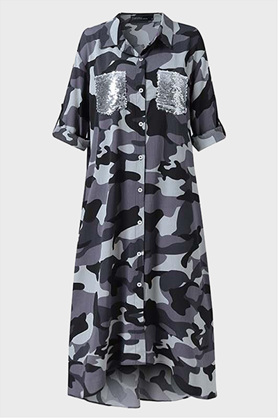 Valenzora | Casual Print Camouflage Print Sequin Buckle Turn-Up Collar Shirt Dress Dresses