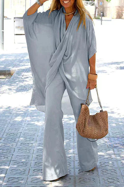 Valenzora - Asymmetrical V-neck Half sleeves Two-piece set