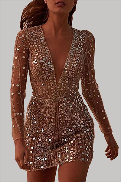 Valenzora | Elegant Patchwork Sequin Transparent Mesh V-Neck Pencil Skirt Dresses