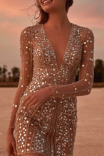 Valenzora | Elegant Patchwork Sequin Transparent Mesh V-Neck Pencil Skirt Dresses