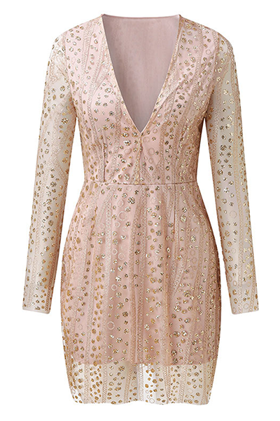 Valenzora | Elegant Patchwork Sequin Transparent Mesh V-Neck Pencil Skirt Dresses