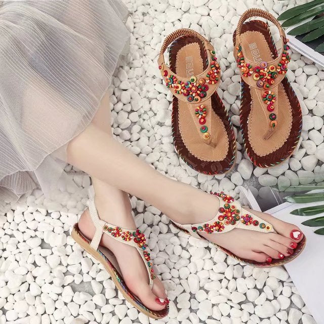 Women's sandals with colorful decorative beads and non-slip sole, size S