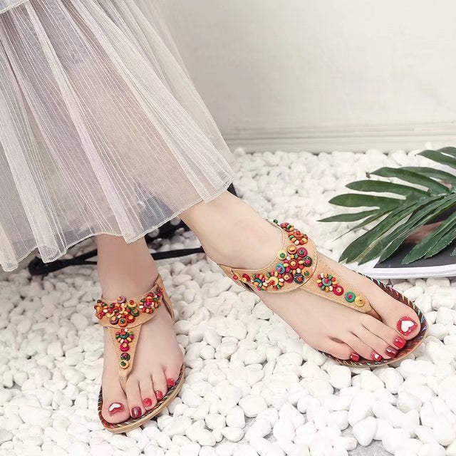 Women's sandals with colorful decorative beads and non-slip sole, size S