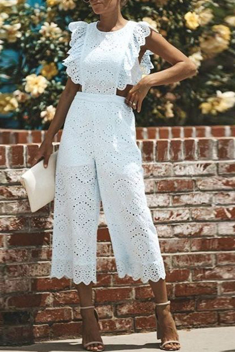 Valenzora | Relaxed solid color lace O-neck straight jumpsuits