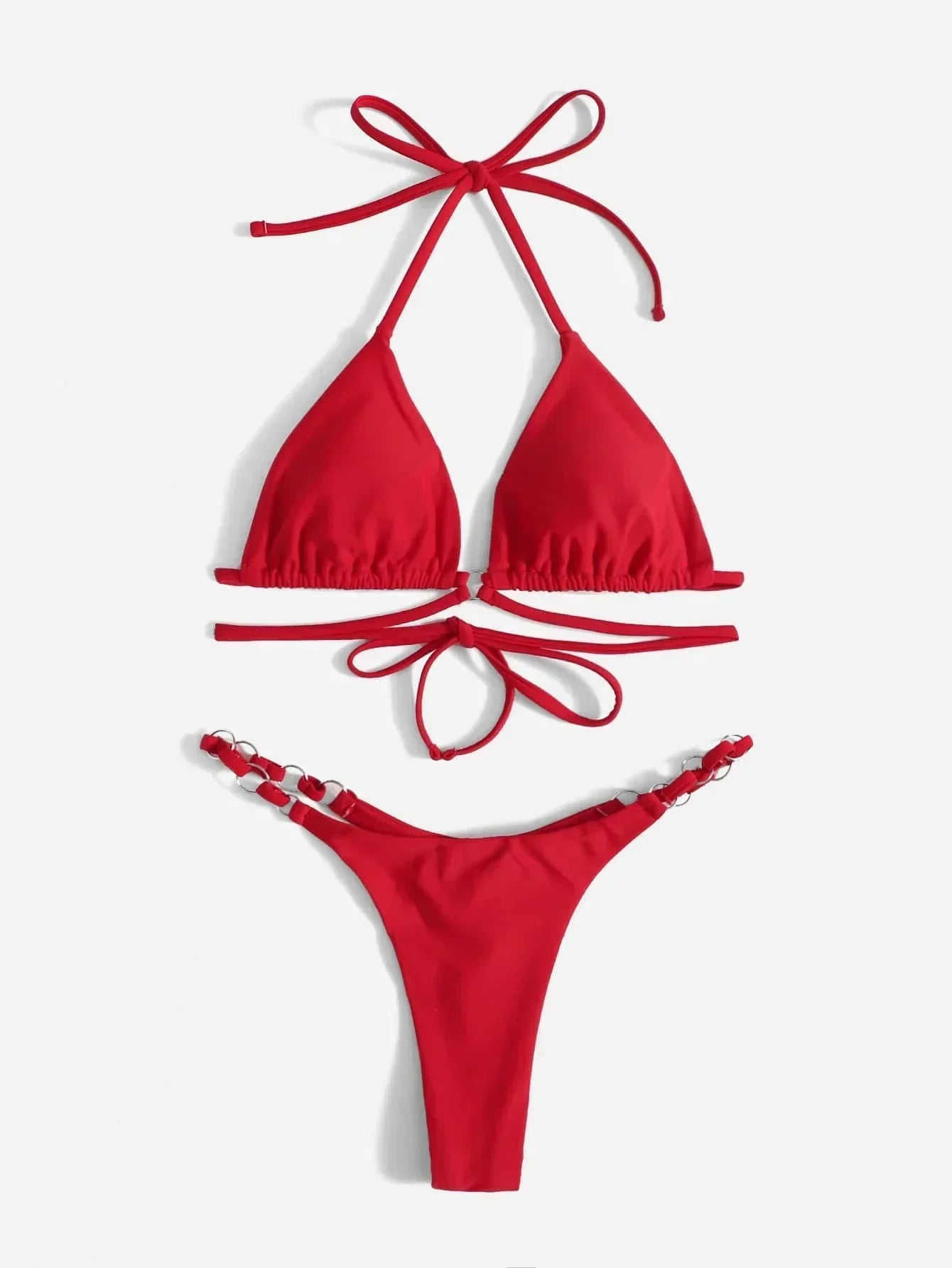 Valenzora | Red Halter Triangle Bikini with Ring Detail for Women