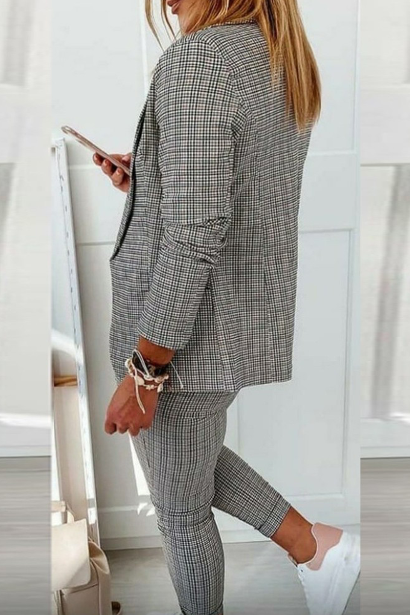 Valenzora | Casual Street Cube Pattern Patchwork Turn-Up Collar Long Sleeve Two-Piece Set