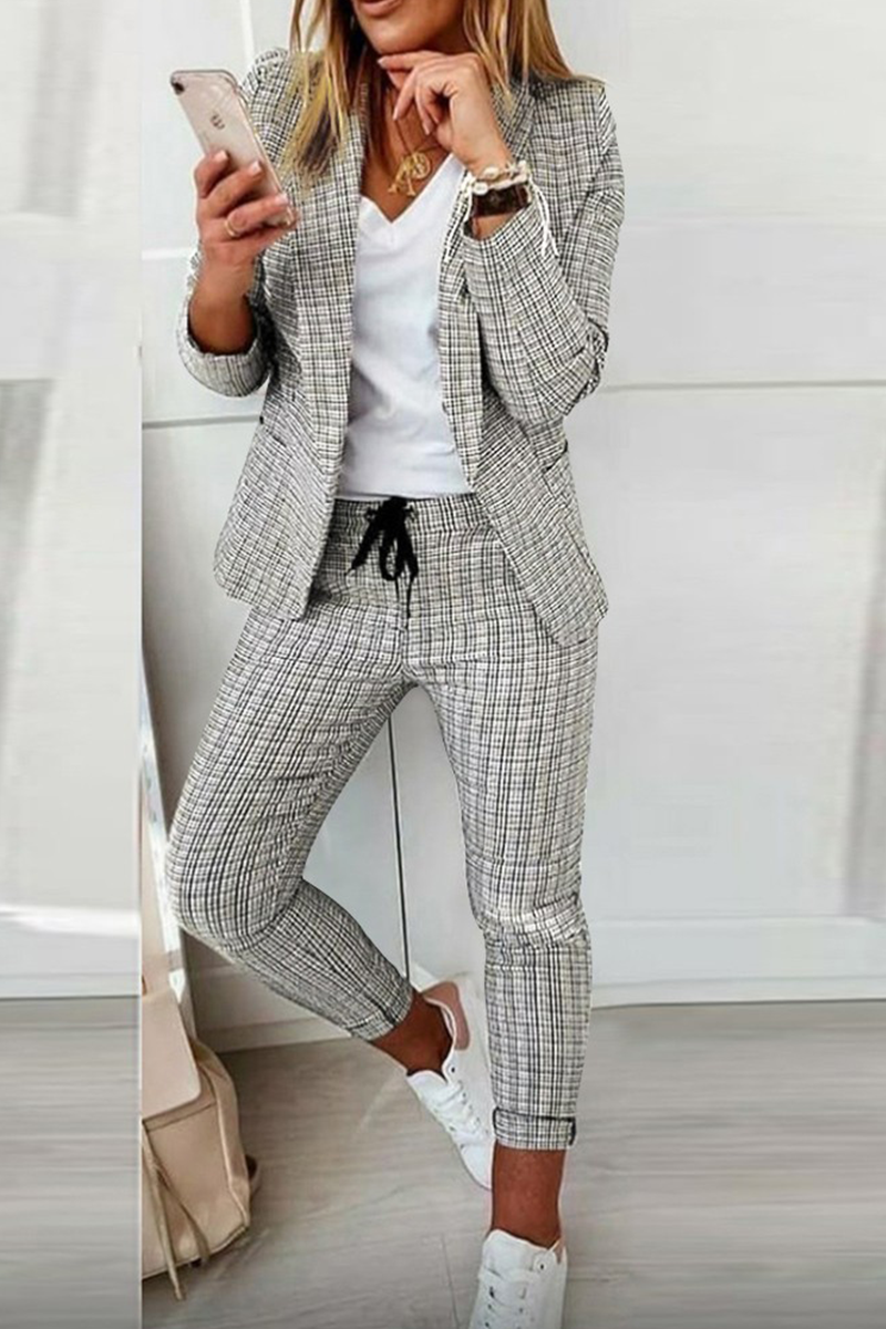 Valenzora | Casual Street Cube Pattern Patchwork Turn-Up Collar Long Sleeve Two-Piece Set
