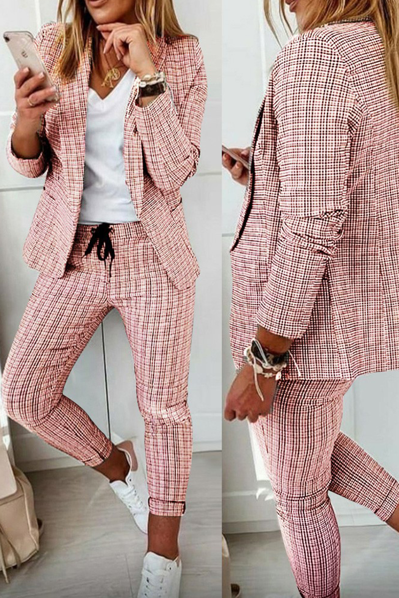 Valenzora | Casual Street Cube Pattern Patchwork Turn-Up Collar Long Sleeve Two-Piece Set