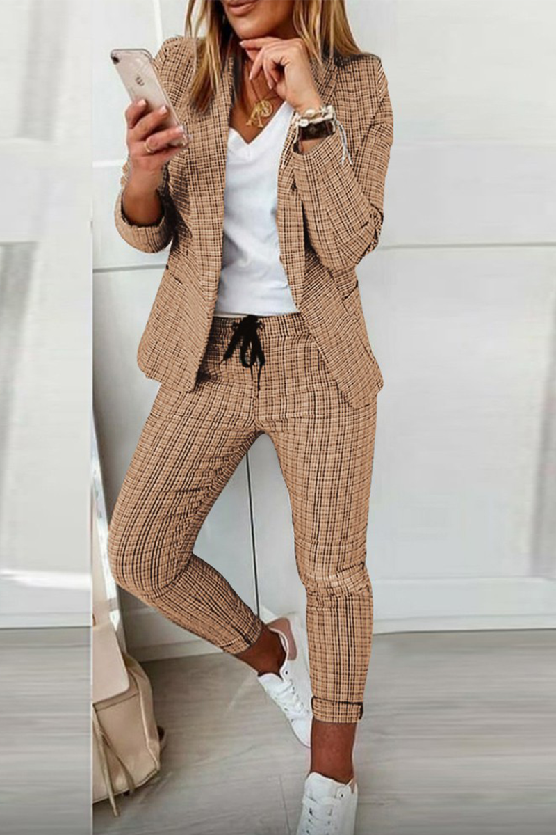 Valenzora | Casual Street Cube Pattern Patchwork Turn-Up Collar Long Sleeve Two-Piece Set