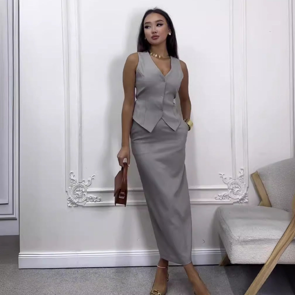 Valenzora | Solid color sleeveless vest & skirt suit