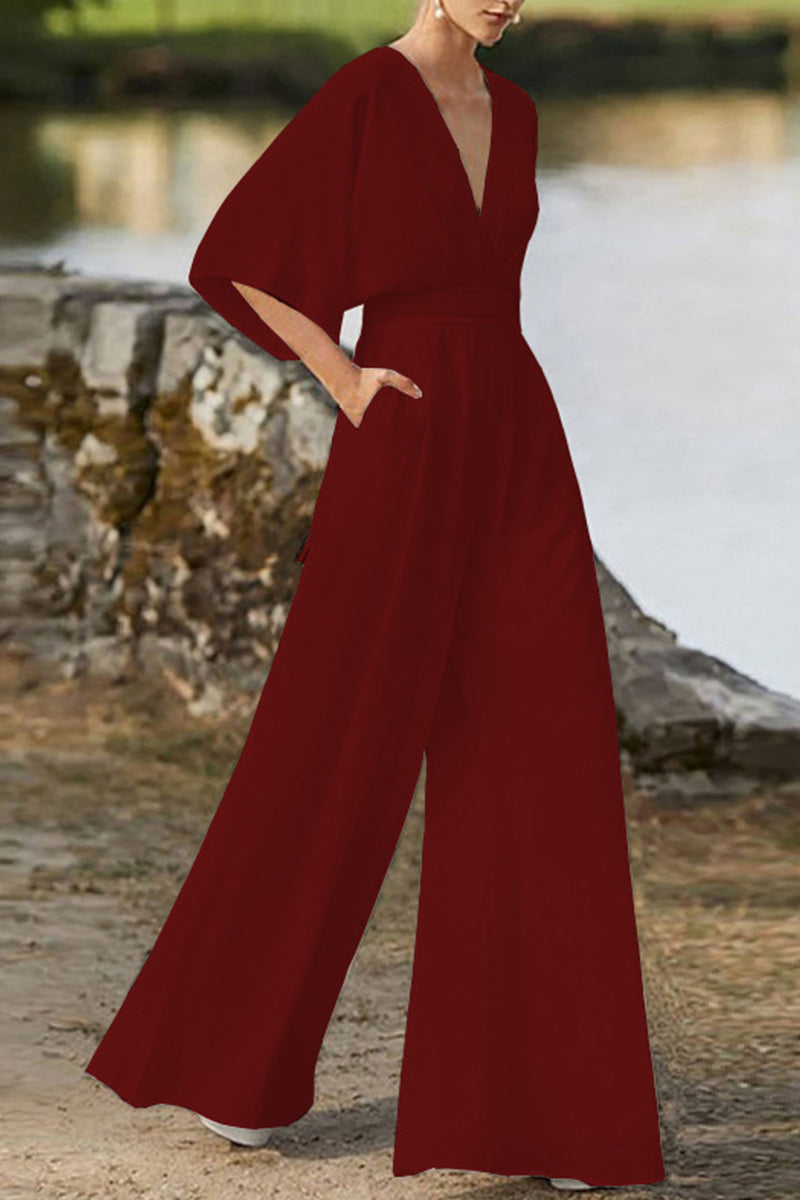 Valenzora | Elegant solid color V-neck boot cut jumpsuits