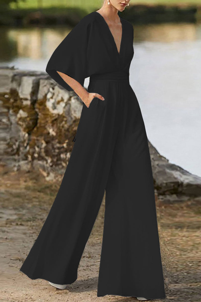 Valenzora | Elegant solid color V-neck boot cut jumpsuits