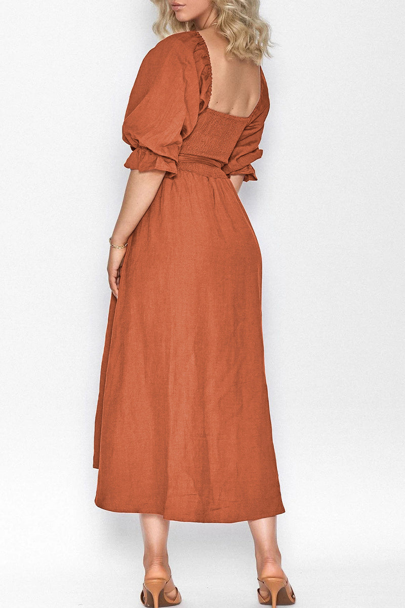 Valenzora | Elegant solid color ruffle square collar A-line dresses