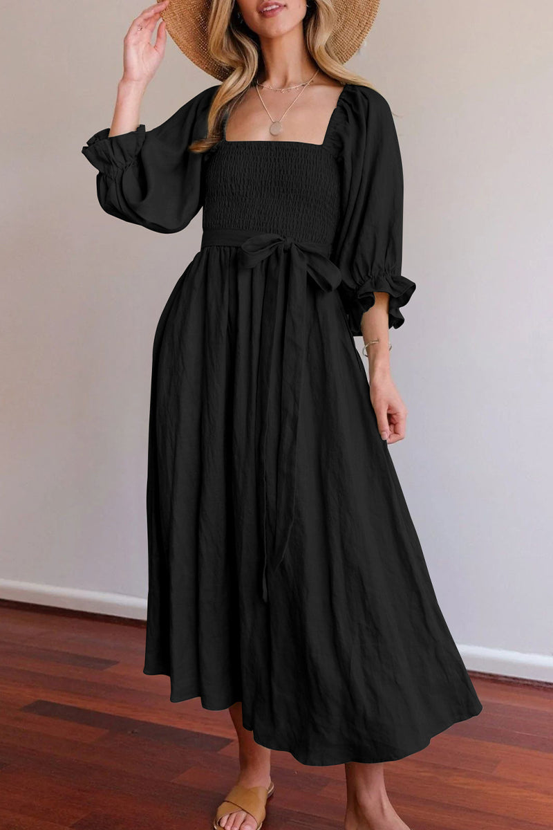 Valenzora | Elegant solid color ruffle square collar A-line dresses