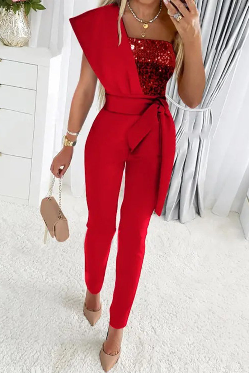 Valenzora | Sweet Elegant Patchwork Sequin Asymmetrical Collar Regular Jumpsuits - 5 Colors