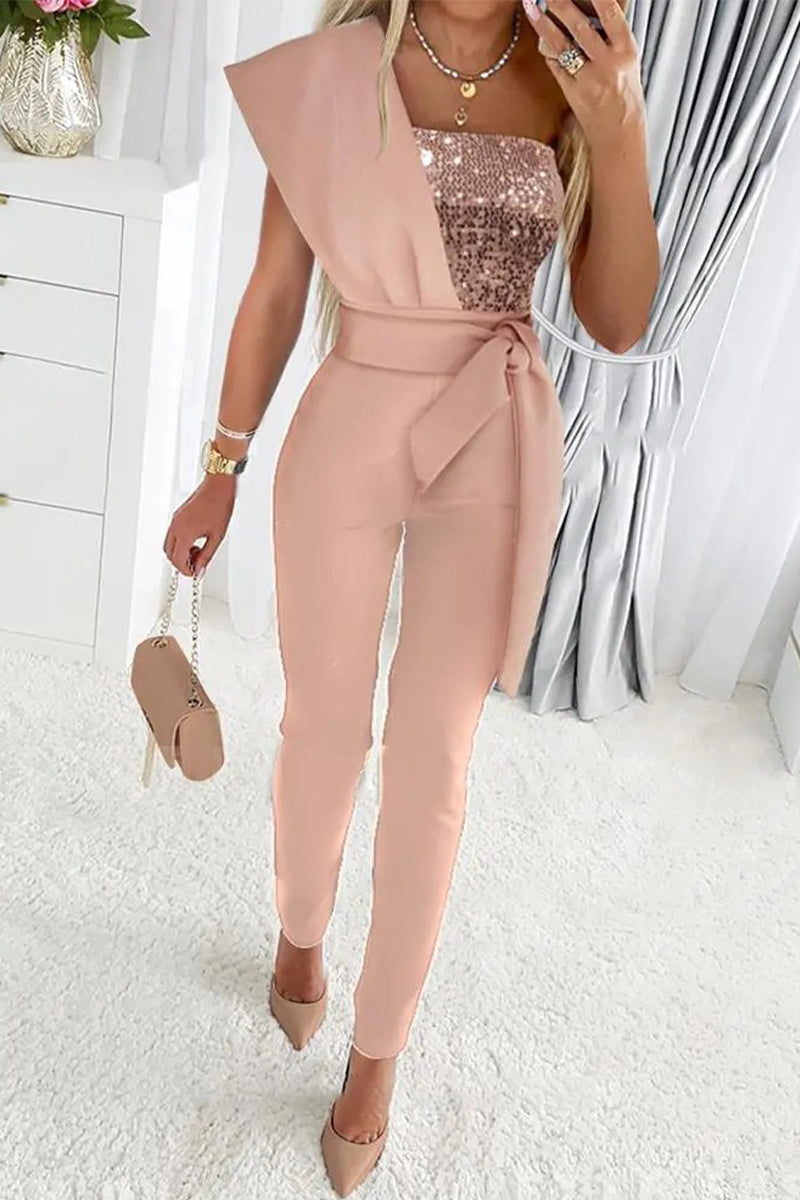 Valenzora | Sweet Elegant Patchwork Sequin Asymmetrical Collar Regular Jumpsuits - 5 Colors