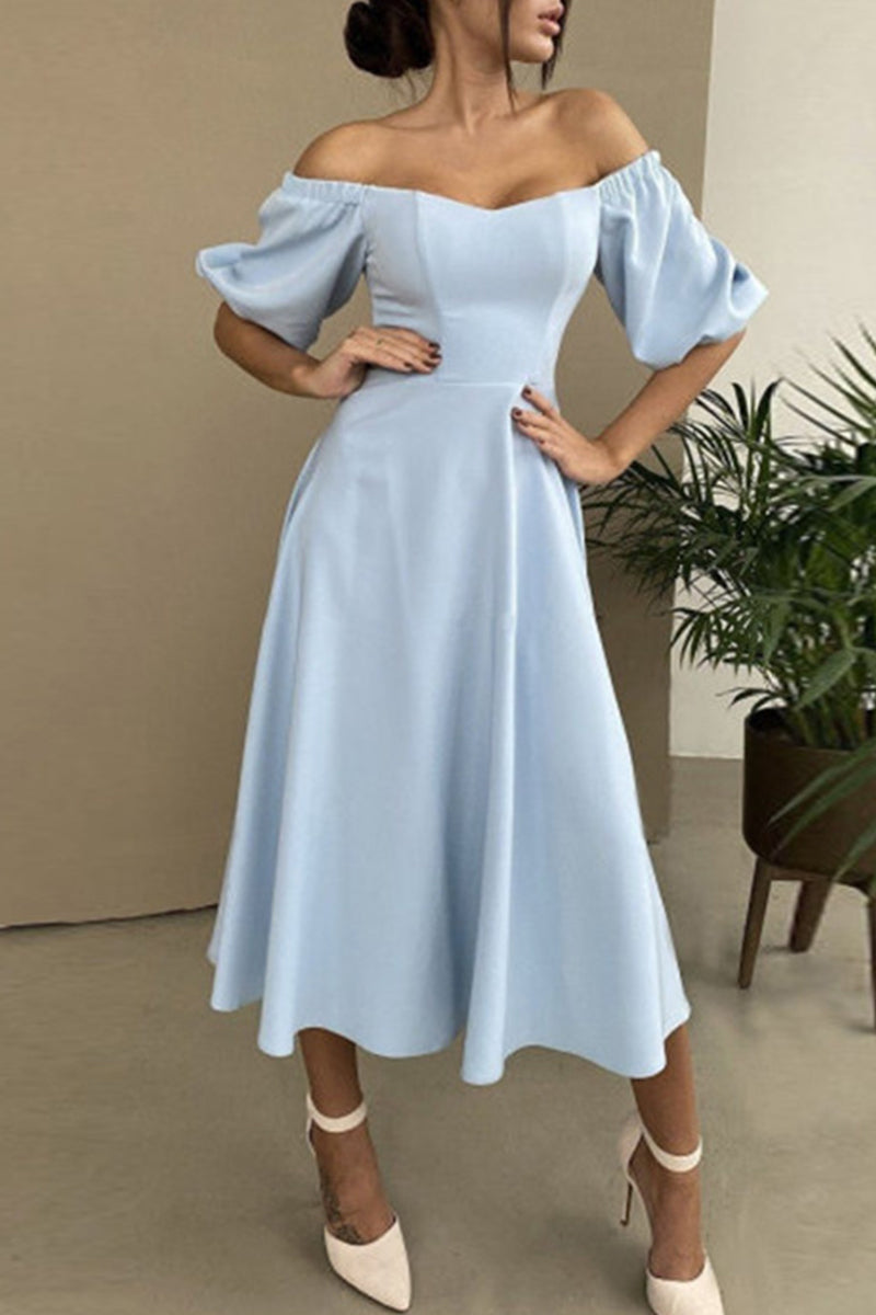 Valenzora | Elegant solid color off-the-shoulder A-line short-sleeved dress