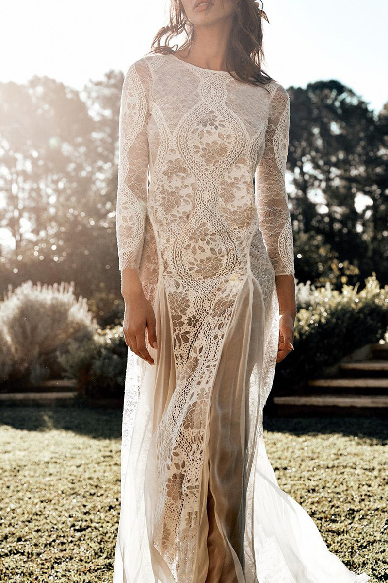Valenzora | Sweet Solid Lace Back Cutout O Neck Trailing Dresses