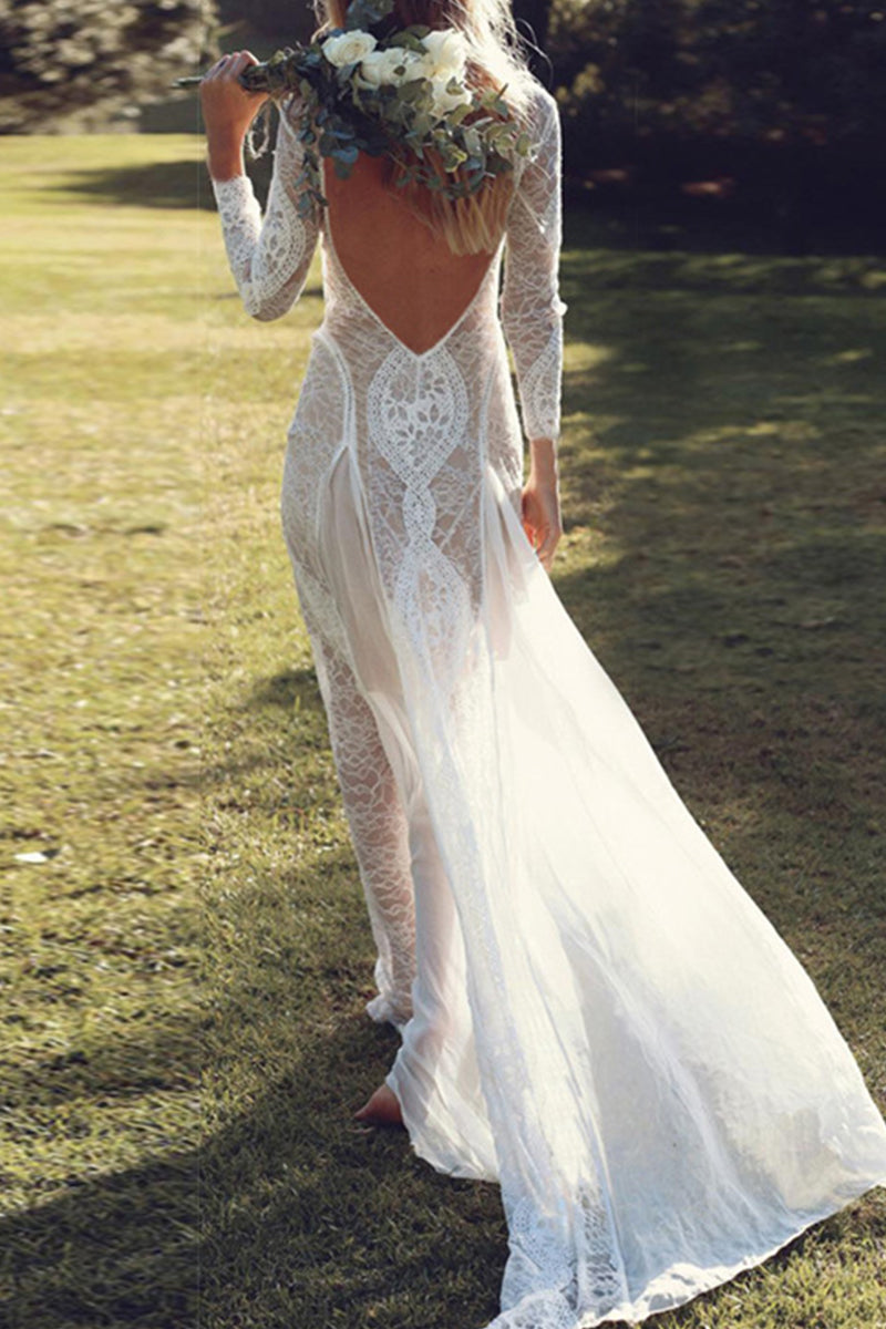 Valenzora | Sweet Solid Lace Back Cutout O Neck Trailing Dresses